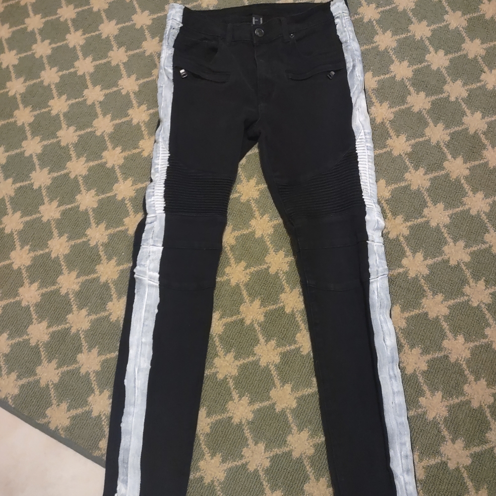 Painted Skinny Stretch Unisex Jeans, Artsy Side Stripes, Pleat & Seam Details